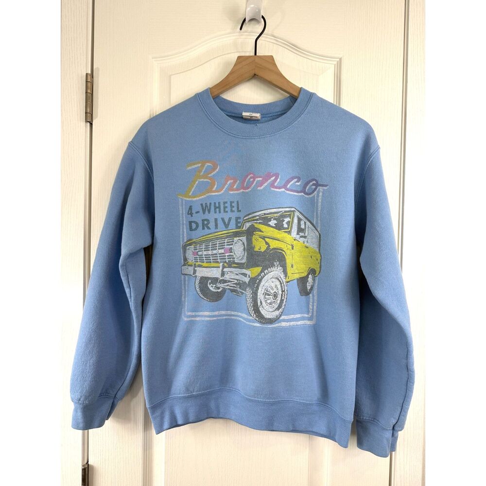 Junk Food Tees Bronco Sweatshirt XS Blue Ford 4 Wheel Drive Graphic Pullover